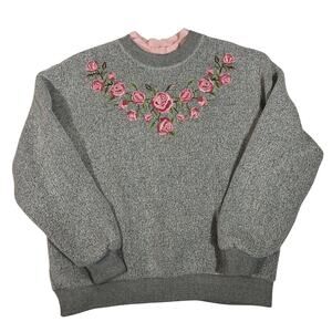 Retro Embroidered Sweater Heather Gray, Pink Roses Grandmacore Double Collar